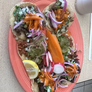 Carne asada, pastor chorizo tacos