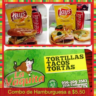 a picture of a tacos la vaquita sandwich and a package of chips