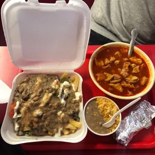 Carne Asada fries (added refried beans) it doesn't come with it. And menudo no bones.