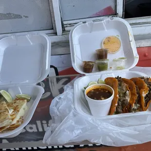 Cheese quesadilla and steak quesabirria tacos with consume