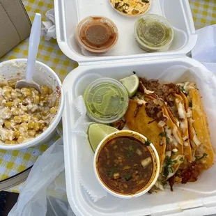 3 Birria Tacos with consume and street corn