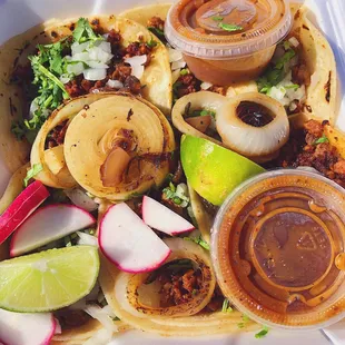 My fave: Chorizo y Asada mixed tacos