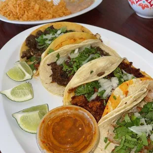 Variety of tacos - al pastor. Carne Asada and shrimp