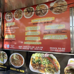 Menu of items outside the truck