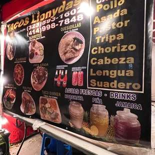 Menu of food and drinks