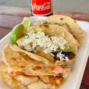 Tacos &amp; shrimp quesadilla