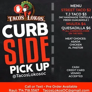 Curbside Pick Up .. go to our social Media for dates and time