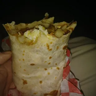 Bacon egg cheese and potatoe burrito