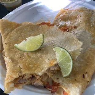 Chorizo and chicken quesadillas. Sorry for the bite evidences lol.