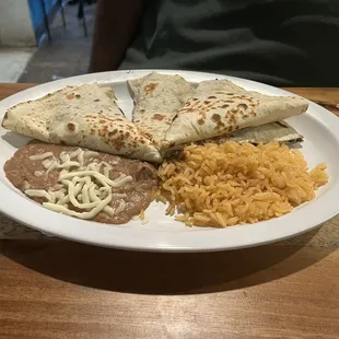 Steak quesadilla with rice and beans