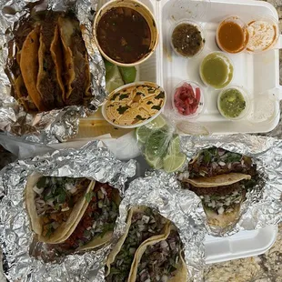 Birria Tacos, Chorizo Taco, Carne Asada Taco, Al Pastor Taco and Pollo Asado Taco (Grilled Chicken Taco)