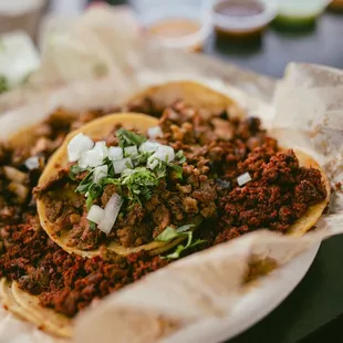 Asada (top), Chorizo (red), and Pork Belly Taco.