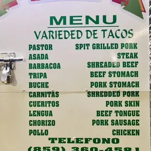 Taco Menu