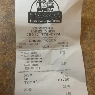 a receipt for a taco