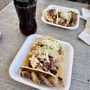 Chorizo and carnitas tacos - those sautéed onions are spectacular.