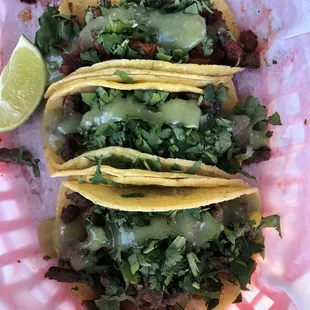 Top taco: pastor  Bottom two: fajita