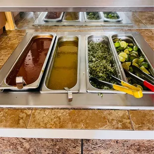 Sauce bar--red sauce is fire and green sauce is solid!