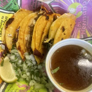 Tianuans tacos with broth for dipping.