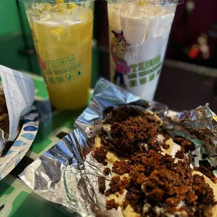 Chori tacos and aguas frescas, piña and horchata