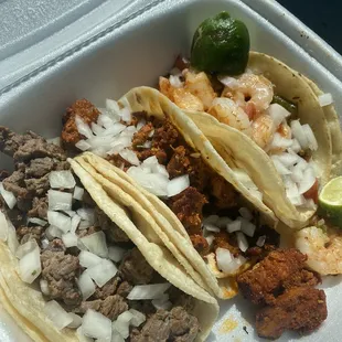 Carne + adobado + shrimp tacos  (no cilantro)