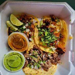 2 al pastor and 1 machaca tacos. Oh my, the Machaca is my new favorite.  I love the green and red sau especially.