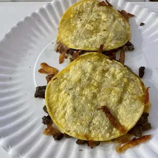 two tortillas on a paper plate