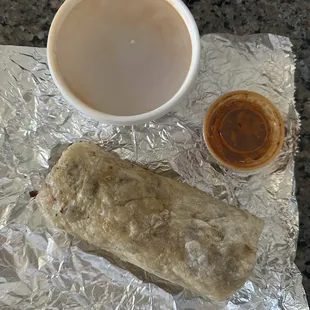 Nice big steak burrito!!! Hot sauce has a nice kick!