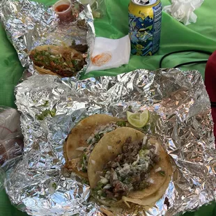 In order from left to right: pork taco, fish taco, beef taco.