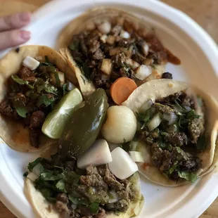Asada, pastor, lengua, and cabeza tacos ($1.75 each except for lengua ($2)) $7.25 total!