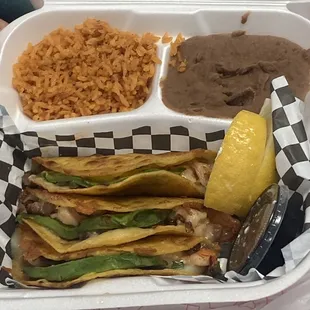 Tacos gobernador , rice &amp; beans