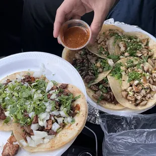 Al pastor, pollo and asada