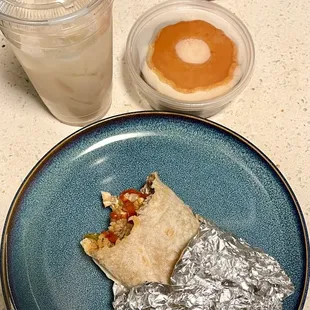 Burrito, Horchata and dessert.
