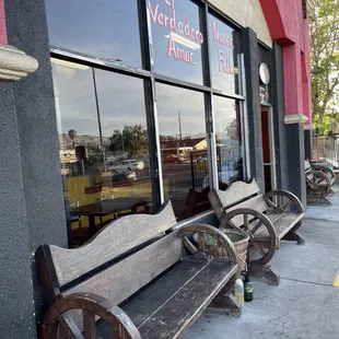 a bench outside a restaurant