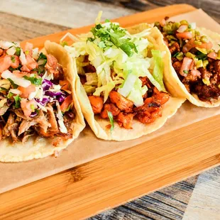 Handmade Tortilla Tacos 
Carnitas chicken &amp; pastor