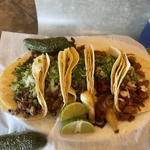 Lengua and tripas street tacos