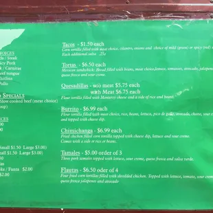 Food truck menu and prices.