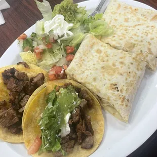 Carne asada tacos and chicken quesadilla