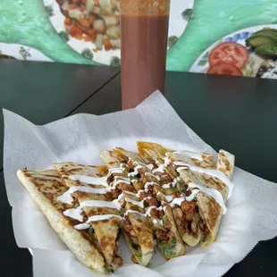 a plate of food and a drink