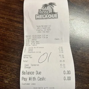 Receipt of all what we ordered sorry I forgot to take the photo of my torta