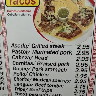 Tacos menu