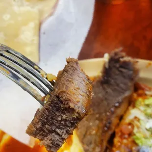a fork holding a piece of meat