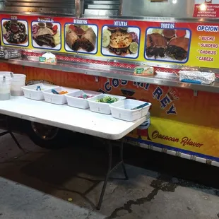 a table and a food truck