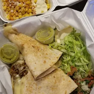 Steak quesadillas &amp; Mexican corn... both very tasty.