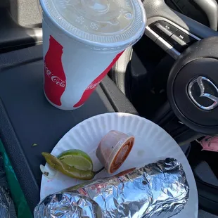 LRG Horchata + Veggie Burrito (I already ate the Carrots + Radish)