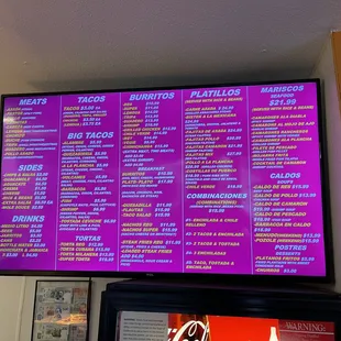 Menu at Tacos Michoacan in American Canyon.