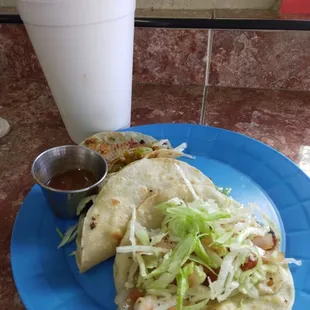 Shrimp and fish tacos + large lemonade $12.88 net