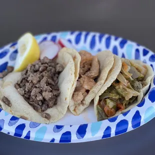 Asada, chicharon, nopales tacos before the salsa bar