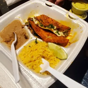 Tacos Moreno, rice, and beans with the broth.