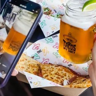 Birria Quesadilla and Beer.
