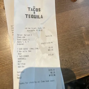 My friends bill. It was $90 for my friend 2 shots of don Julio tequila.